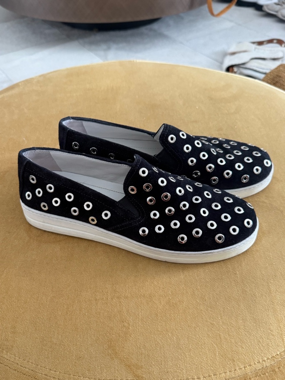 Prada Black Suede Slip-On Sneakers with Silver Eyelets - Picture 1 of 8